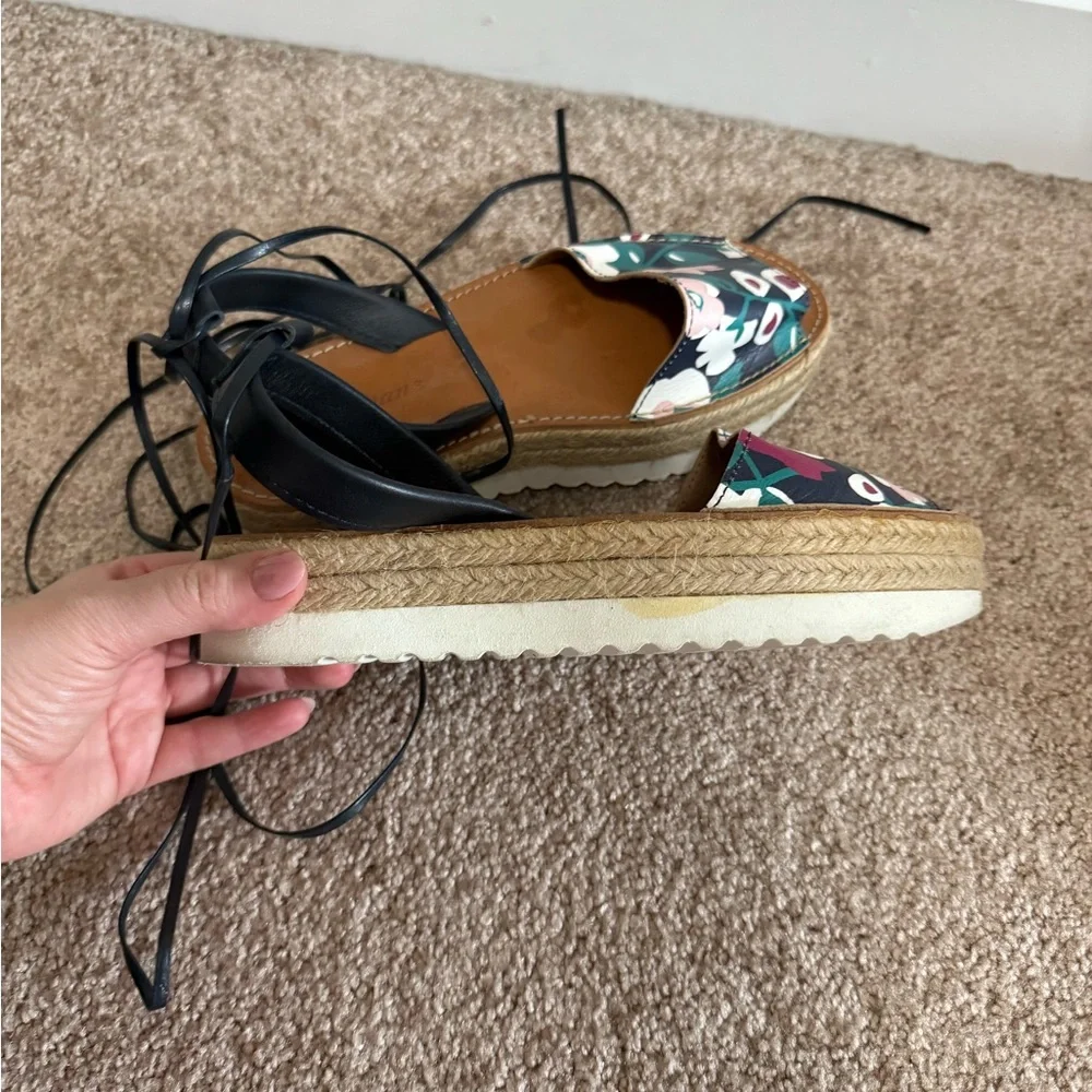Delman Floral Espadrille Platform Sandals | Ankle Tie | Size 8